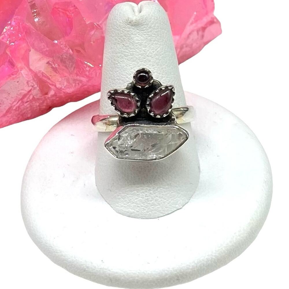 Herkimer Diamond Garnet Ring Solid Sterling Silve… - image 1